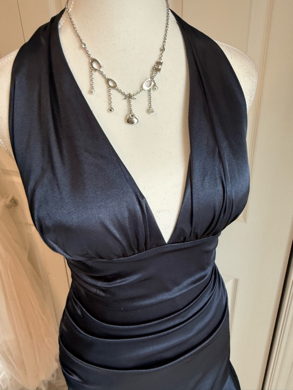 Morgan & Co. Navy Satin Halter Asymmetrical Ruffle Dress - Picture 3 of 14